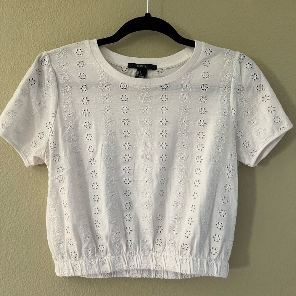 White Forever 21 Floral Embroidered Crop